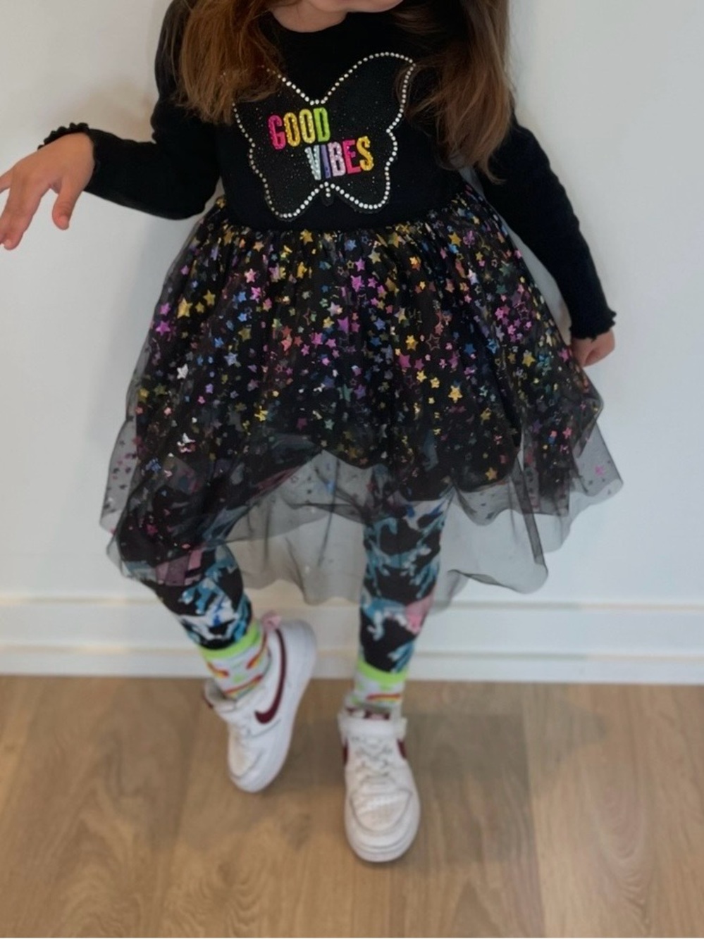 Girls Black Star Tulle Dress with Colorful 'Good Vibes' Detail